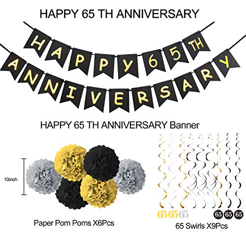 Yoaokiy 65th Anniversary Party Decorations Kit - Including Glitter Happy 65th Anniversary Banner, 9Pcs Hanging Swirl, 6Pcs Poms - for 65th Wedding Anniversary Party Decorations Supplies…