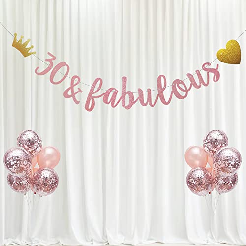 30 & fabulous Banner, Pre-Strung, No Assembly Required, Funny Rose Gold Paper Glitter Party Decorations for 30th Birthday Party Supplies, Letters Rose Gold,ABCpartyland