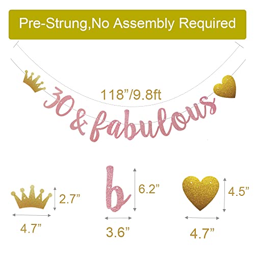 30 & fabulous Banner, Pre-Strung, No Assembly Required, Funny Rose Gold Paper Glitter Party Decorations for 30th Birthday Party Supplies, Letters Rose Gold,ABCpartyland