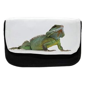 lunarable bearded dragon pencil case, reptile lizard photo, fabric pen pencil bag with double zipper, 8.5″ x 5.5″, white multicolor