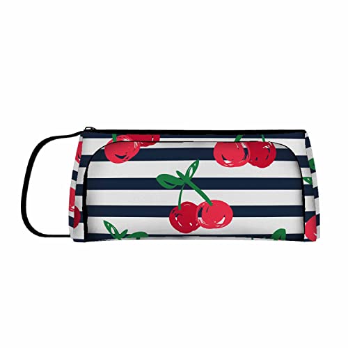 Nicokee Stripes Cherry Pencil Case Fruit Berry Leaf Nature Plant Pencil Pouch Cosmetic Bag for School Office Travel