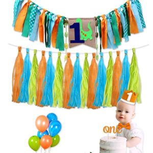 phantomsky baby boy’s & girl’s1st birthday burlap banner 1st birthday party decorations for rag tie fabric garland cake topper hat crown burlap highchair banner baby shower photo props(dinosaur)