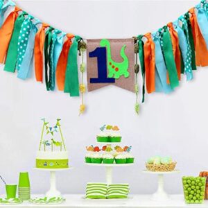 PhantomSky Baby Boy's & Girl's1st Birthday Burlap Banner 1st Birthday Party Decorations for Rag Tie Fabric Garland Cake Topper Hat Crown Burlap Highchair Banner Baby Shower Photo Props(Dinosaur)