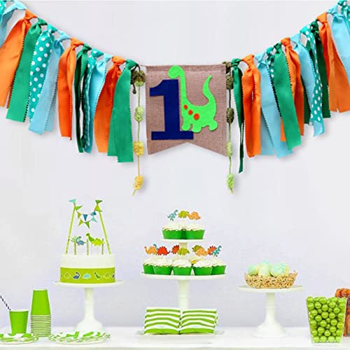 PhantomSky Baby Boy's & Girl's1st Birthday Burlap Banner 1st Birthday Party Decorations for Rag Tie Fabric Garland Cake Topper Hat Crown Burlap Highchair Banner Baby Shower Photo Props(Dinosaur)