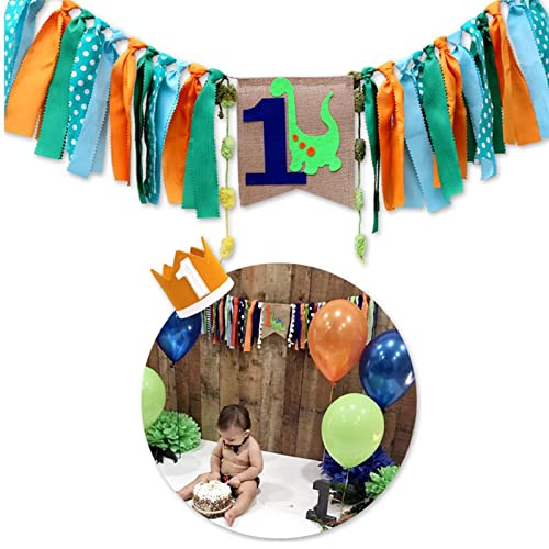 PhantomSky Baby Boy's & Girl's1st Birthday Burlap Banner 1st Birthday Party Decorations for Rag Tie Fabric Garland Cake Topper Hat Crown Burlap Highchair Banner Baby Shower Photo Props(Dinosaur)