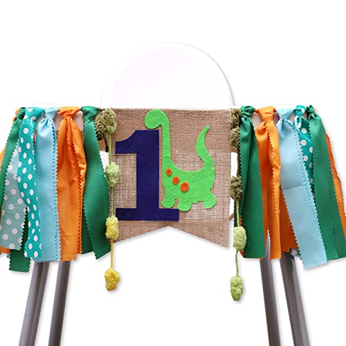 PhantomSky Baby Boy's & Girl's1st Birthday Burlap Banner 1st Birthday Party Decorations for Rag Tie Fabric Garland Cake Topper Hat Crown Burlap Highchair Banner Baby Shower Photo Props(Dinosaur)