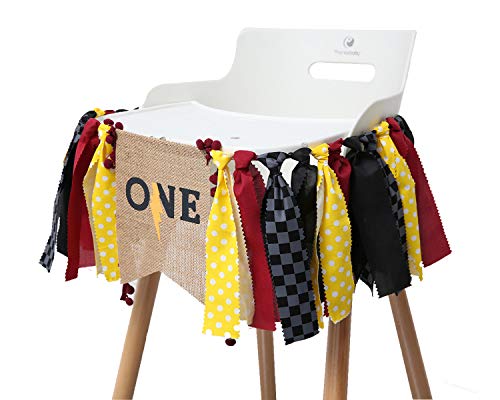 WAOUH Lightning Banner For 1st Birthday - High Chair Banner For First Birthday Decorations, Rag Tie Fabric Garland, Photo Booth Props, Birthday Souvenir And Gifts(Yellow Red And Black)