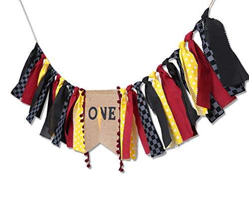 WAOUH Lightning Banner For 1st Birthday - High Chair Banner For First Birthday Decorations, Rag Tie Fabric Garland, Photo Booth Props, Birthday Souvenir And Gifts(Yellow Red And Black)