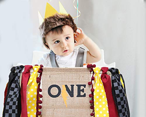 WAOUH Lightning Banner For 1st Birthday - High Chair Banner For First Birthday Decorations, Rag Tie Fabric Garland, Photo Booth Props, Birthday Souvenir And Gifts(Yellow Red And Black)