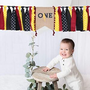 WAOUH Lightning Banner For 1st Birthday - High Chair Banner For First Birthday Decorations, Rag Tie Fabric Garland, Photo Booth Props, Birthday Souvenir And Gifts(Yellow Red And Black)