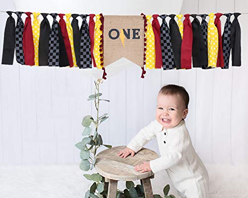 WAOUH Lightning Banner For 1st Birthday - High Chair Banner For First Birthday Decorations, Rag Tie Fabric Garland, Photo Booth Props, Birthday Souvenir And Gifts(Yellow Red And Black)