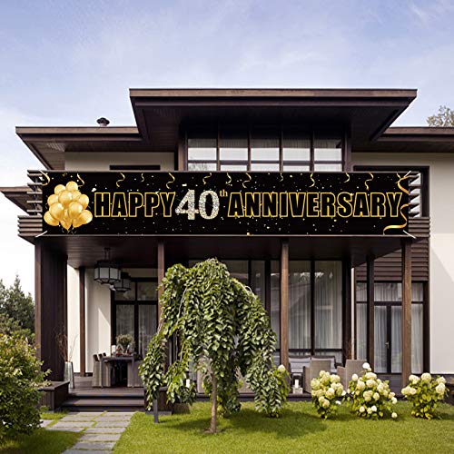 Yoaokiy Happy 40th Anniversary Banner Decorations, 40 Year Wedding Anniversary Party Supplies Backdrop Sign, Gold 40 Anniversary Photo Props for Outdoor & Indoor(9.8x1.6ft)