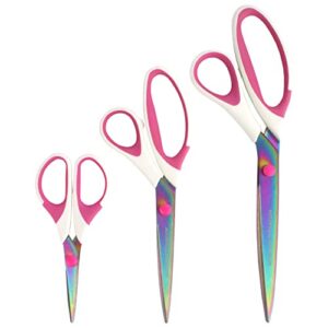 bamboomn titanium softgrip scissors set for sewing, arts, crafts, office – 1 set of 3 – white w/pink inlays
