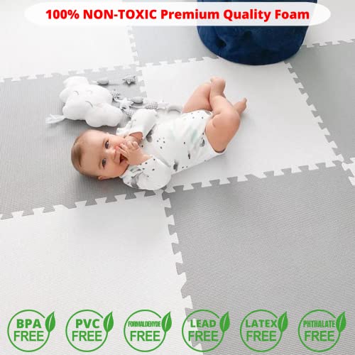 Baby Play Mat Tiles Extra Large Thick Non-Toxic Foam Floor Puzzle Mat Interlocking Activity Playmat for Infants Toddlers Kids Crawling Tummy Time 74x74 Inches (Grey/White)