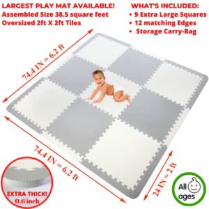 Baby Play Mat Tiles Extra Large Thick Non-Toxic Foam Floor Puzzle Mat Interlocking Activity Playmat for Infants Toddlers Kids Crawling Tummy Time 74x74 Inches (Grey/White)