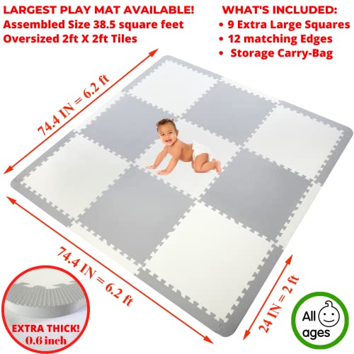 Baby Play Mat Tiles Extra Large Thick Non-Toxic Foam Floor Puzzle Mat Interlocking Activity Playmat for Infants Toddlers Kids Crawling Tummy Time 74x74 Inches (Grey/White)