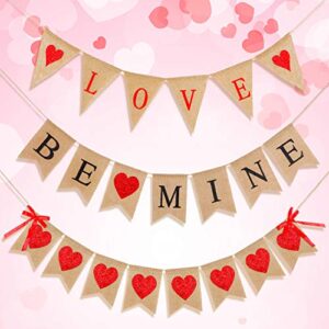 valentine’s day burlap banner set, love and be mine banners, red glitter heart banner garland, wedding banner set, rustic valentines decor for wedding anniversary engagement party decorations supplies