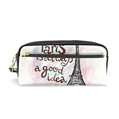 ALAZA Cute Pencil Case Paris Always Good Idea Eiffel Tower Pen Cases Organizer PU Leather Comestic Makeup Bag Make up Pouch, Back to School Gifts