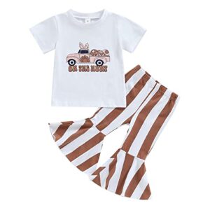 woshilaocai toddler baby girl short sleeve shirts tops flared long pants set kids animal letter 2pcs festival outfits clothes (easter egg striped,18-24 months)