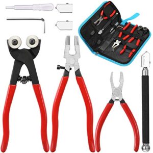8 pieces glass mosaic cutter kits, including wheeled glass tile nipper, glass running plier, breaking plier, hex wrench and pencil style oil feed glass cutting tool, 2 blades and oil dispenser