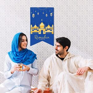 CNhoqc Ramadan Kareem Hanging Banner Welcome Door Sign Eid al-Fitr Moon Stars and Lamps Double-Sided Decorative Flag Islamic Mubarak Banner for Indoor Outdoor Eid Mubarak Party Supplies