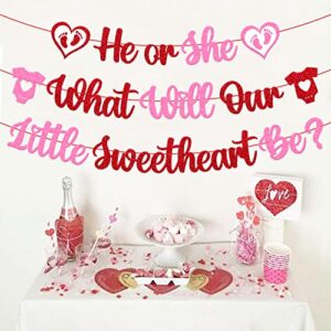 He or She What Will Our Little Sweetheart Be Banner Happy Valentine’s Day Theme Pink Red Glitter Gender Reveal Baby Shower Party Decorations Supplies