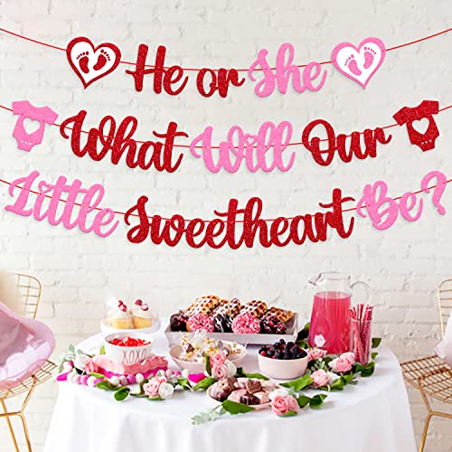 He or She What Will Our Little Sweetheart Be Banner Happy Valentine’s Day Theme Pink Red Glitter Gender Reveal Baby Shower Party Decorations Supplies