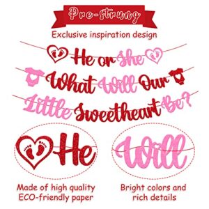 He or She What Will Our Little Sweetheart Be Banner Happy Valentine’s Day Theme Pink Red Glitter Gender Reveal Baby Shower Party Decorations Supplies