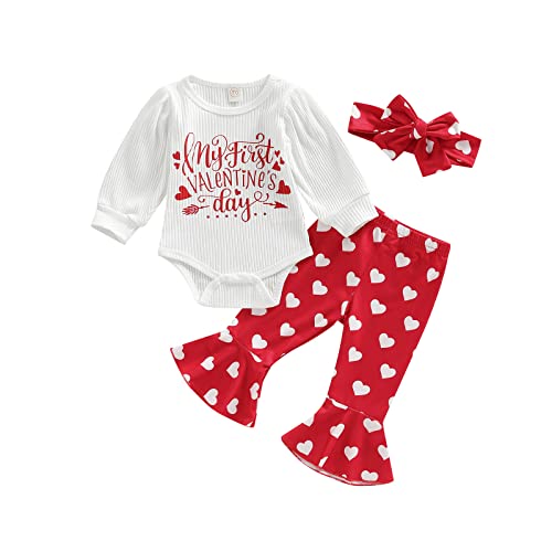 Toddler Baby Girls First Valentine's Day Outfits Long Sleeve Romper + Heart Print Bell Bottoms + Headband Sets (First Valentine Day & White1, 0-3 Months)