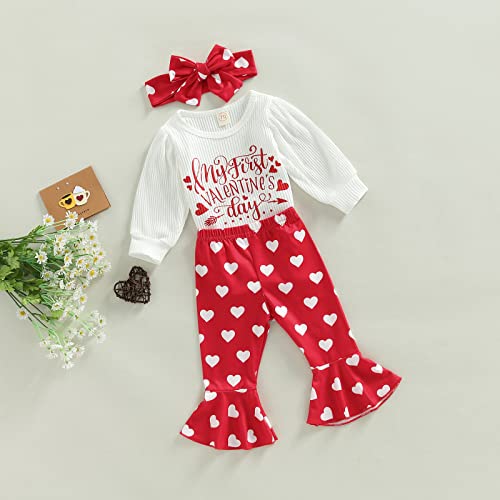 Toddler Baby Girls First Valentine's Day Outfits Long Sleeve Romper + Heart Print Bell Bottoms + Headband Sets (First Valentine Day & White1, 0-3 Months)