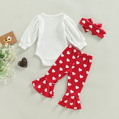 Toddler Baby Girls First Valentine's Day Outfits Long Sleeve Romper + Heart Print Bell Bottoms + Headband Sets (First Valentine Day & White1, 0-3 Months)