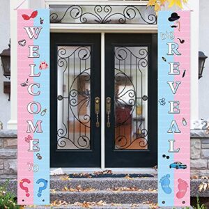 gender reveal party decorations – baby shower gender reveal backdrop party supplies porch sign – “welcome to big reveal” baby unisex guess boy or girl banner photo props hanging door garden decor