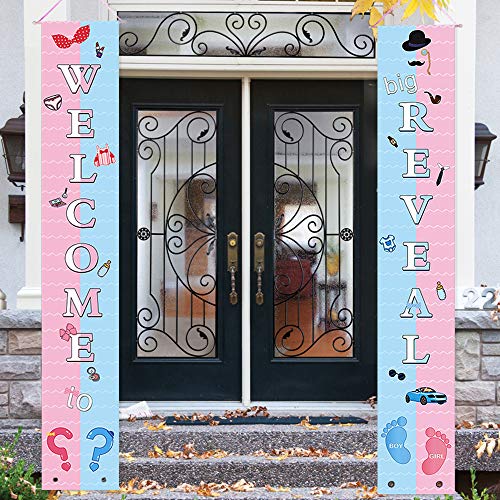 Gender Reveal Party Decorations - Baby Shower Gender Reveal Backdrop Party Supplies Porch Sign – “Welcome to Big Reveal” Baby Unisex Guess Boy Or Girl Banner Photo Props Hanging Door Garden Decor