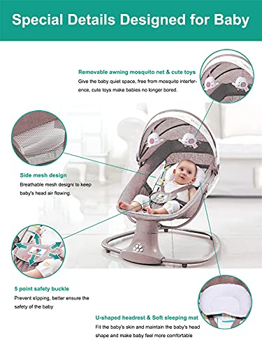 Baby Bouncer Baby Cradle Portable Swing Infant Motorized Adjustable Rocker with Bluetooth Music Speaker and 5 Swaying Gears Preset Lullabies and Smooth Remote Control (Pink)