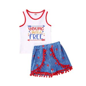 2pcs baby girl holidat summer outfit set,young wild free vest tops+ tassels short pants (white blue, 2-3y)