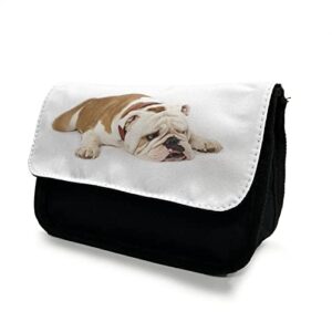 ambesonne english bulldog pencil case, sad animal, fabric pen pencil bag with double zipper, 8.5″ x 5.5″, cream brown