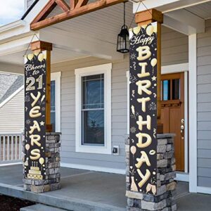 happy birthday banner 21st birthday decorations banners cheers to 21 years birthday party supplies black gold welcome porch sign for men, him, indoor, outdoor party decor