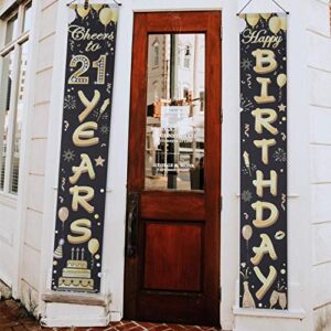 Happy Birthday Banner 21st Birthday Decorations Banners Cheers to 21 Years Birthday Party Supplies Black Gold Welcome Porch Sign for Men, Him, Indoor, Outdoor Party Decor