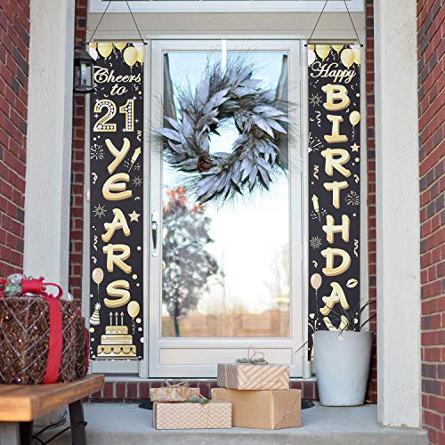 Happy Birthday Banner 21st Birthday Decorations Banners Cheers to 21 Years Birthday Party Supplies Black Gold Welcome Porch Sign for Men, Him, Indoor, Outdoor Party Decor