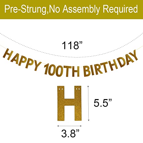 HAPPY 100TH BIRTHDAY Banner，Pre-strung，No Assembly Required，100th Birthday Party Decorations Supplies，Gold Glitter Paper Garlands Backdrops, Letters Gold Betteryanzi
