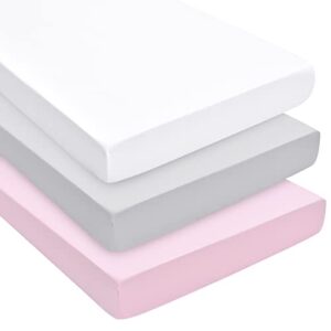 david’s kids 3 pack mini crib sheets, ultra soft silky comfy pack n play sheets for boys girls neutral，universal fit for pack n play, playard and mini crib mattresses, white & light grey & pink