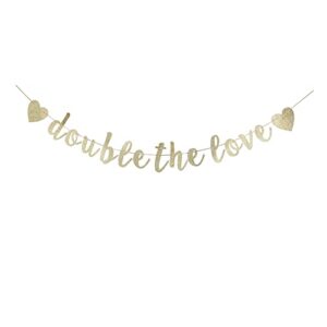 double the love banner, gold glitter sign decors for twins’ birthday party bunting, twins baby shower party props, gender reveal party garlands