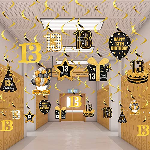 Kauayurk 30Pcs Happy 13th Birthday Hanging Swirl Decorations for Women & Men - Gold Happy 13 Birthday Party Swirl Ceiling Supplies - Happy Thirteen Birthday Hanging Favors Decor Sign