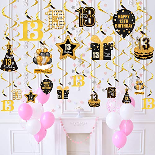 Kauayurk 30Pcs Happy 13th Birthday Hanging Swirl Decorations for Women & Men - Gold Happy 13 Birthday Party Swirl Ceiling Supplies - Happy Thirteen Birthday Hanging Favors Decor Sign