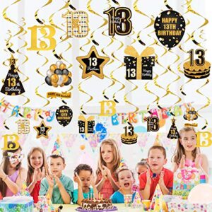 Kauayurk 30Pcs Happy 13th Birthday Hanging Swirl Decorations for Women & Men - Gold Happy 13 Birthday Party Swirl Ceiling Supplies - Happy Thirteen Birthday Hanging Favors Decor Sign