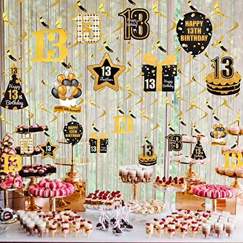 Kauayurk 30Pcs Happy 13th Birthday Hanging Swirl Decorations for Women & Men - Gold Happy 13 Birthday Party Swirl Ceiling Supplies - Happy Thirteen Birthday Hanging Favors Decor Sign