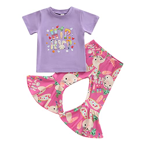 Toddler Baby Girls Easter Outfits Bunny Letter Print Short Sleeve T-Shirt Tops and Bell Bottom Pants Summer Sets (Hip Hop & Purple, 2-3 Years)