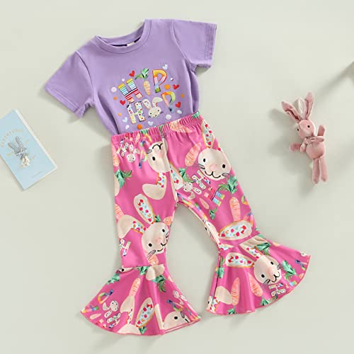 Toddler Baby Girls Easter Outfits Bunny Letter Print Short Sleeve T-Shirt Tops and Bell Bottom Pants Summer Sets (Hip Hop & Purple, 2-3 Years)