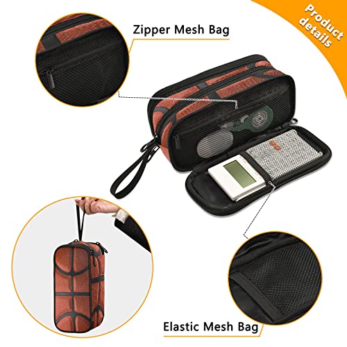 Basketball Ball Texture Large Pencil Case 3 Compartment Pen Bag Pouch Holder Box for College School Portable Stationery Storage Bag for Girls Boys