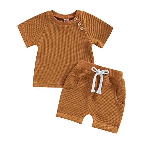 Newborn Baby Boy Girl Summer Outfits Solid Ribbed Knit Cotton Short Sleeve T-Shirt Top+Drawstring Shorts Clothes (Knit Set Caramel, 2-3 Years)